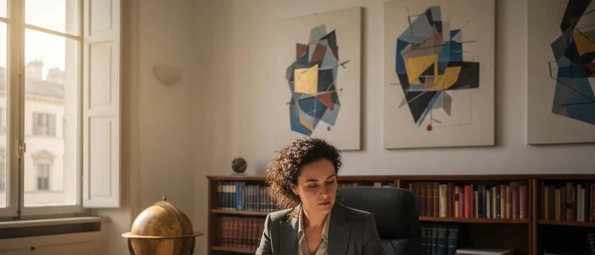 Professionista legale italiano esamina documentazione su opere d'arte in ufficio con quadri moderni alle pareti