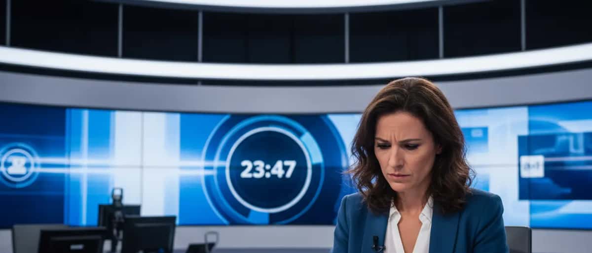 Journaliste française professionnelle au bureau télé avec expression tendue en regardant ses documents