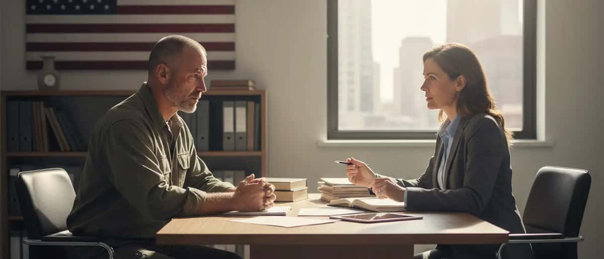American veteran consulting with a lawyer about VA benefits in an office