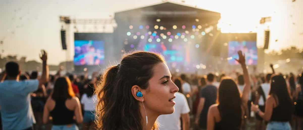 Jovem portuguesa num festival de música ao ar livre com proteção auditiva, multidão ao fundo
