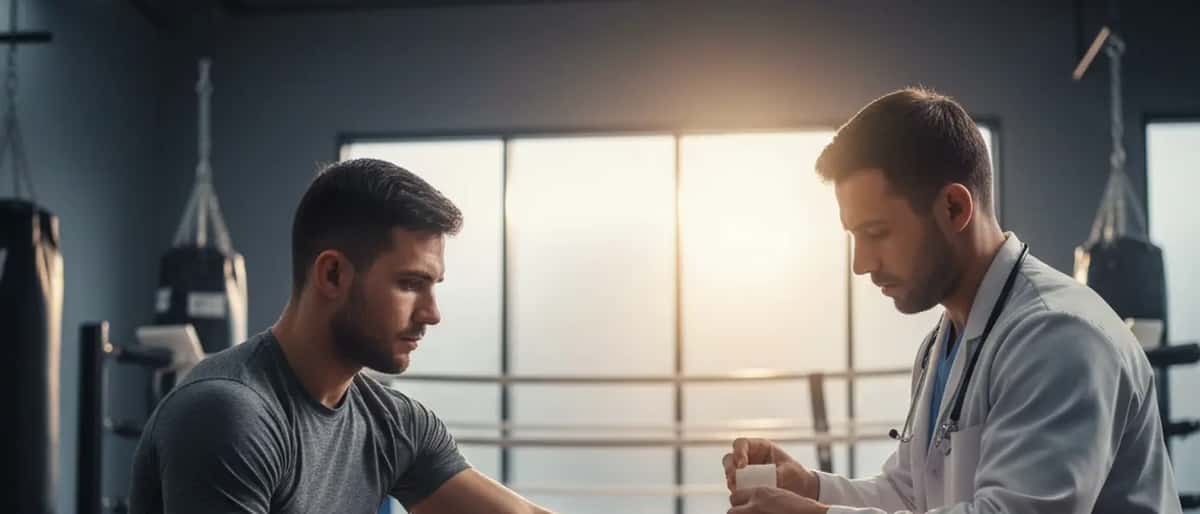 MMA fighter having his wrist wrapped by a sports medicine doctor in an American gym setting