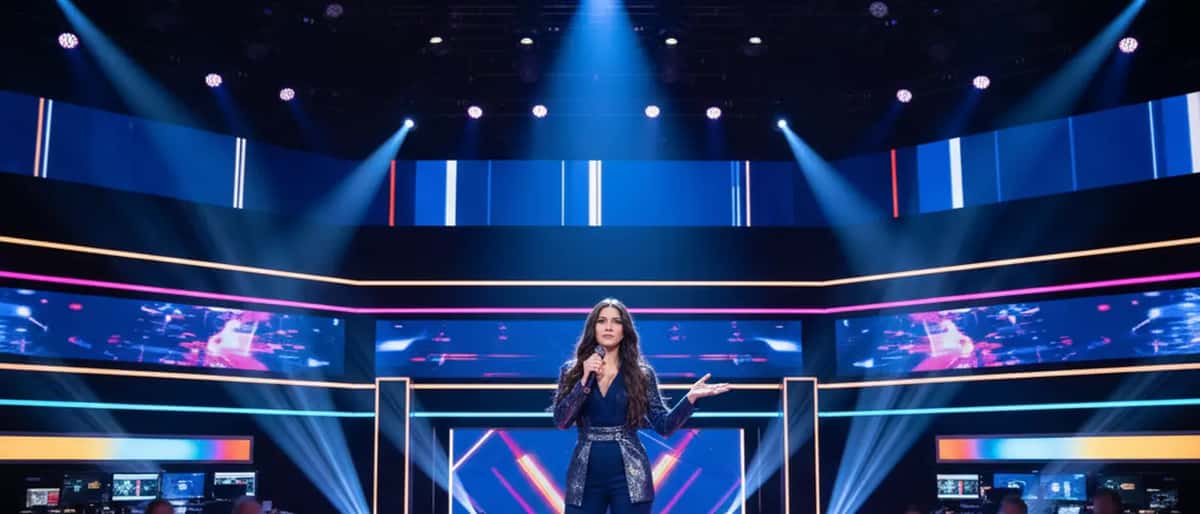 Giovane artista italiana sul palco televisivo con microfono, luci colorate Eurovision