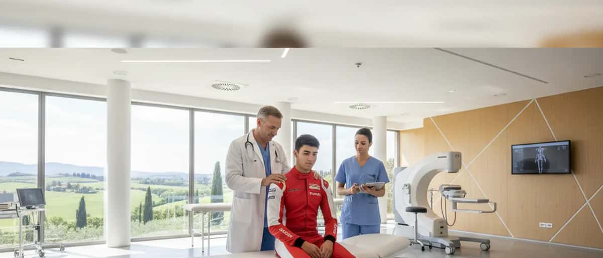 Giovane pilota italiano esaminato da un medico sportivo in clinica moderna, Formula 1 salute 2026