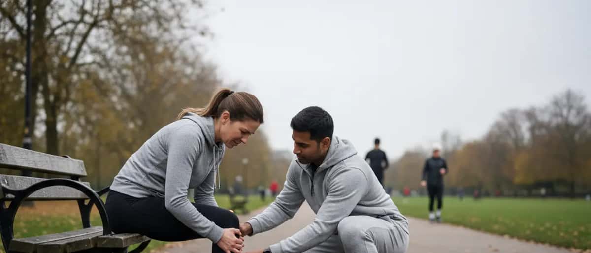 British female runner holding knee in discomfort during park run with sports medicine professional nearby in urban park