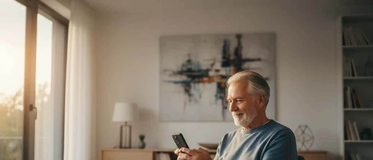 Älterer Mann reagiert erleichtert auf eine Nachricht auf dem Smartphone