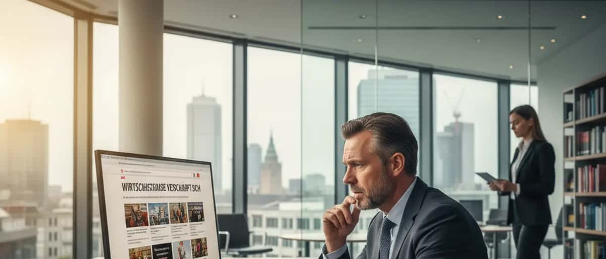 Deutscher Rechtsanwalt am Computer prüft Nachrichten auf Falschmeldungen