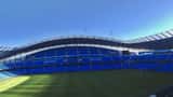 Vista externa do Etihad Stadium, estádio do Manchester City em Manchester, Reino Unido