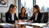 Entertainment attorney reviewing modeling contract with teenage model and parent in Manhattan law office