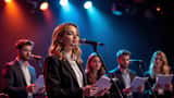 Jonge artiest op podium met spotlight en contractdocumenten op de achtergrond