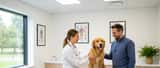 Veterinarian examining a golden retriever dog in a UK clinic