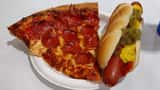 Costco food court pizza slice and hot dog combo on food court tray