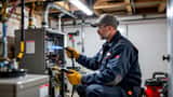 Technicien HVAC inspectant une fournaise au gaz naturel dans un sous-sol résidentiel canadien en automne 2026
