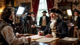 Comedic historical reenactment scene with period costume and modern film crew