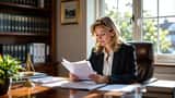 Female British solicitor reviewing legal case files at a wooden desk in a Suffolk law office