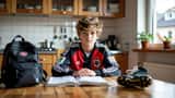 Ung norsk fotballspiller sitter ved kjøkkenbordet med skolebøker etter Norway Cup 2026