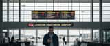 British traveller checking flight delay information on smartphone at UK airport departure gate