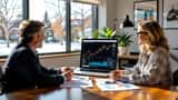 Financial adviser reviews rising interest rate chart with couple in suburban office, mortgage documents and 401k statements on desk