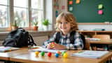 Barn klämmmer på färgglad squishy-leksak vid skolbord i klassrum