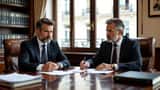 Homme en costume face à un avocat dans un bureau parisien, dossiers pénaux sur le bureau
