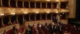 Elegantes Opernhaus-Interieur mit roten Samtsitzen und goldenen Balkonen, Publikum nimmt Platz