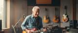 Elderly American man playing electric guitar energetically in a professional recording studio