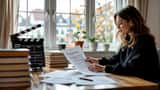 Auteure révisant un contrat d'adaptation télévisuelle avec ses livres publiés et un clap de cinéma sur son bureau