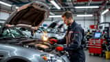 Mécanicien inspectant le compartiment moteur d'une voiture de sport dans un garage spécialisé
