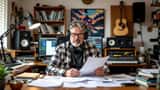 Musician reviewing music royalty statements and legal documents in a recording studio office