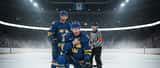 Svensk ishockeyspelare på isen som håller i axeln efter en kollision, med domaren och lagkamrat bredvid