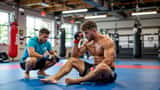 Pratiquant de MMA assis sur des tapis de gym se tenant la tête après un impact au sparring, style photojournalisme