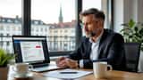 Mann am Laptop in Wiener Büro mit roter Bankwarnung auf dem Bildschirm beim Online-Banking