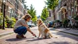 Golden labrador hijgt op heet asfalt tijdens hittegolf, eigenaar controleert pootjes