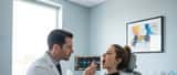 American ENT doctor examines young singer's throat in medical office, vocal health checkup