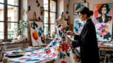 Designer di moda in atelier milanese che esamina un abito haute couture dipinto a mano su un manichino