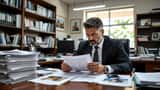 Advogado criminalista analisando documentos e fotografias em investigação policial em escritório de Brasília