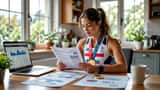 Team GB skeleton athlete reviewing financial documents at kitchen table with Olympic gold medal visible beside laptop