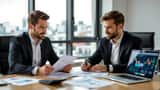 Conseiller en gestion de patrimoine examinant des documents financiers avec un jeune client