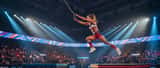 Athletic competitor on elevated obstacle platform in Sheffield Arena during Gladiators finale