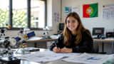 Estudante portuguesa com materiais de design espacial numa sala de ciências em Portugal