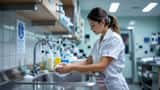 Infermiera italiana si lava le mani con sapone in ospedale per la Giornata Mondiale dell'Igiene delle Mani 2026