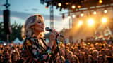 Chanteuse sur scène lors d'un concert en plein air en 2026, foule en arrière-plan