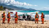 Destroços de avião de pequeno porte na praia de Navegantes, Santa Catarina, com equipe de bombeiros realizando resgate
