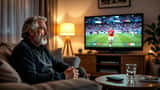Adepto português vendo jogo da Copa Libertadores com a mão no peito em sinal de tensão cardíaca