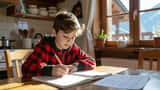 Enfant calculant les points du classement Super League suisse avec un cahier de maths