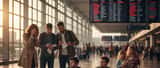 Frustrated travelers waiting at LaGuardia Airport departure hall with flight cancellation board
