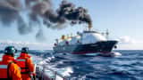 LNG tankskip til havs med røyksky i Middelhavet