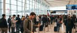 Frustrated traveler checking phone in long TSA airport security queue