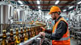 Canadian brewery worker inspecting beer bottles on production line, Guelph Ontario