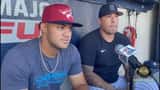 Jasson Domínguez, outfielder de los New York Yankees, en postura de bateo durante un partido de béisbol