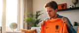 Dutch football fan checking the authenticity of the new orange Netherlands WK 2026 jersey